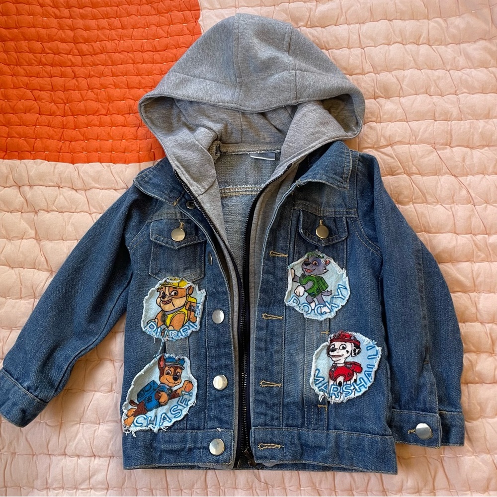 Blue and Gray Jean Jacket with Hood and Cartoon Patches